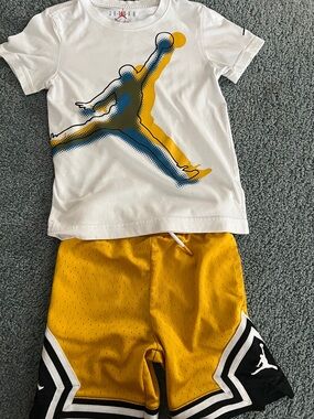 Jordan White Tee with Yellow and Blue Jumpman Graphic & Yellow Basketball Shorts